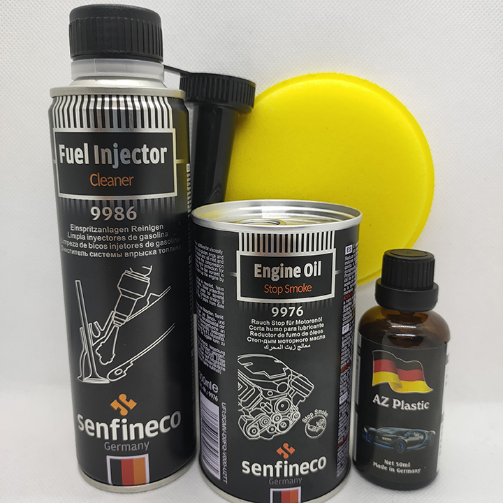 [Combo-17] LÀM GIẢM RA KHÓI, ỔN ĐỊNH ĐỘ NHỚT (SE-9976) VÀ VỆ SINH BÉC PHUN XĂNG (SE-9986) HIỆU Senfineco – Germany Tặng 1 bộ làm mới nhựa đen và nhựa nhám AZ Plastic, 50ml