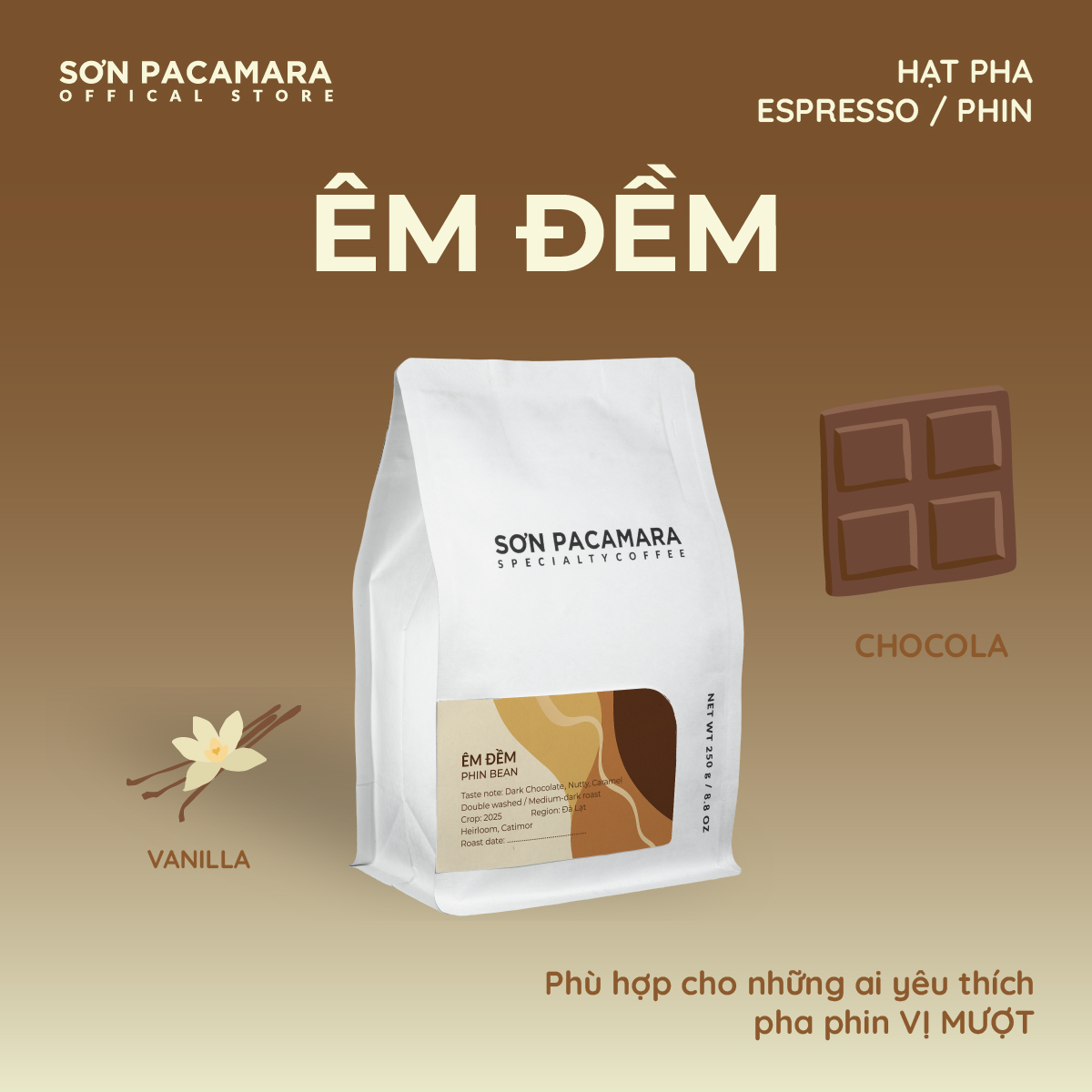 Cà Phê Pha Phin Sơn Pacamara Gói Êm Đềm, 100% Arabica chất lượng cao Đà Lạt, Rang Đậm, Chua Nhẹ Không Gắt, Gói 250gr/500gr