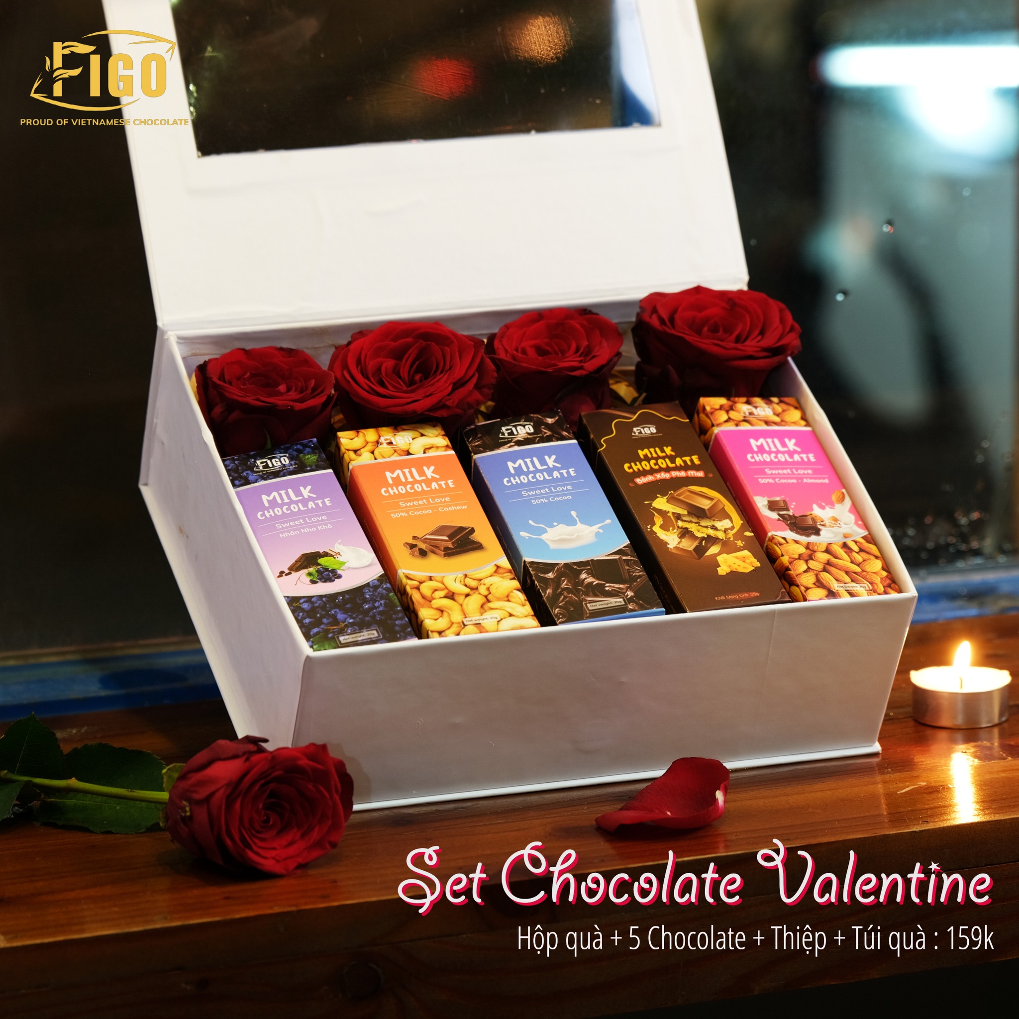 Set hộp quà trắng 5 hộp Socola sữa 20g có hoa hồng thiệp nơ FIGO, quà tặng valentine