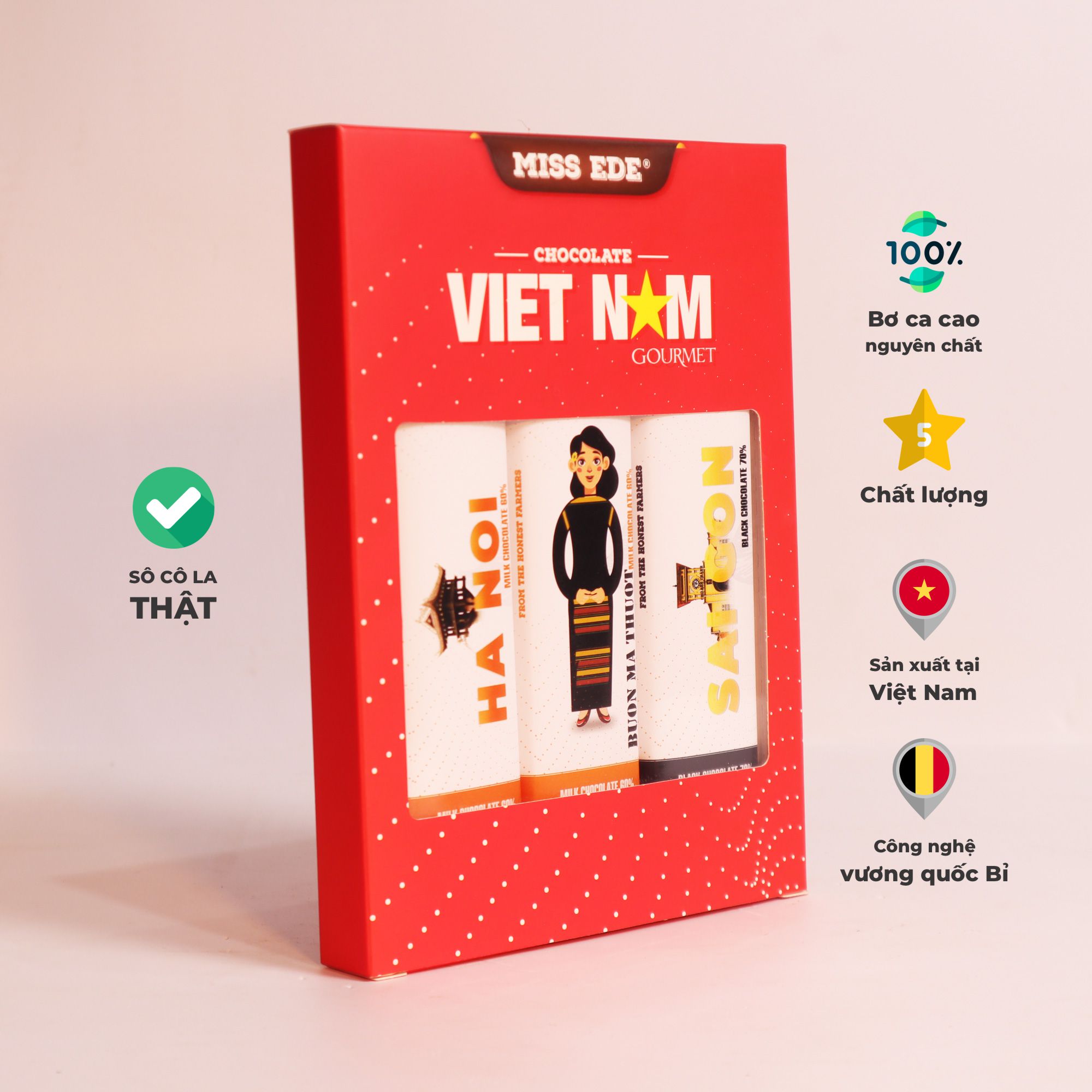 Hộp Socola VIET NAM gourmet - Hộp trung Với 3 thanh bên trong là 3 thành phố du lịch nổi tiếng của Việt Nam và hình ảnh cờ đỏ sao vàng