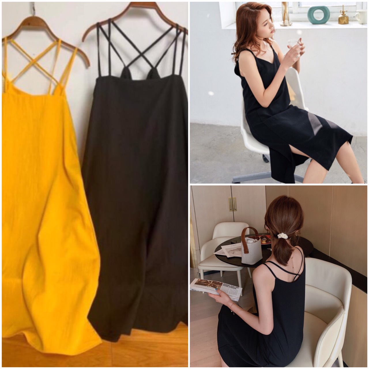 Váy hai dây đan lưng chéo quyến rũ - Váy 2 dây chất đũi mềm mại thoáng mát - Đầm 2 dây chéo lưng sang chảnh
