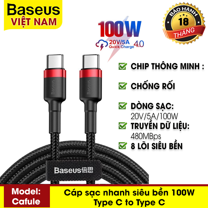 [BẢO HÀNH 12 THÁNG] Cáp sạc nhanh 100W dài 2M Quick Charge 3.0 kết nối Type-C to Type-C Baseus cho điện thoại Samsung S9 Huawei MacBook Pro