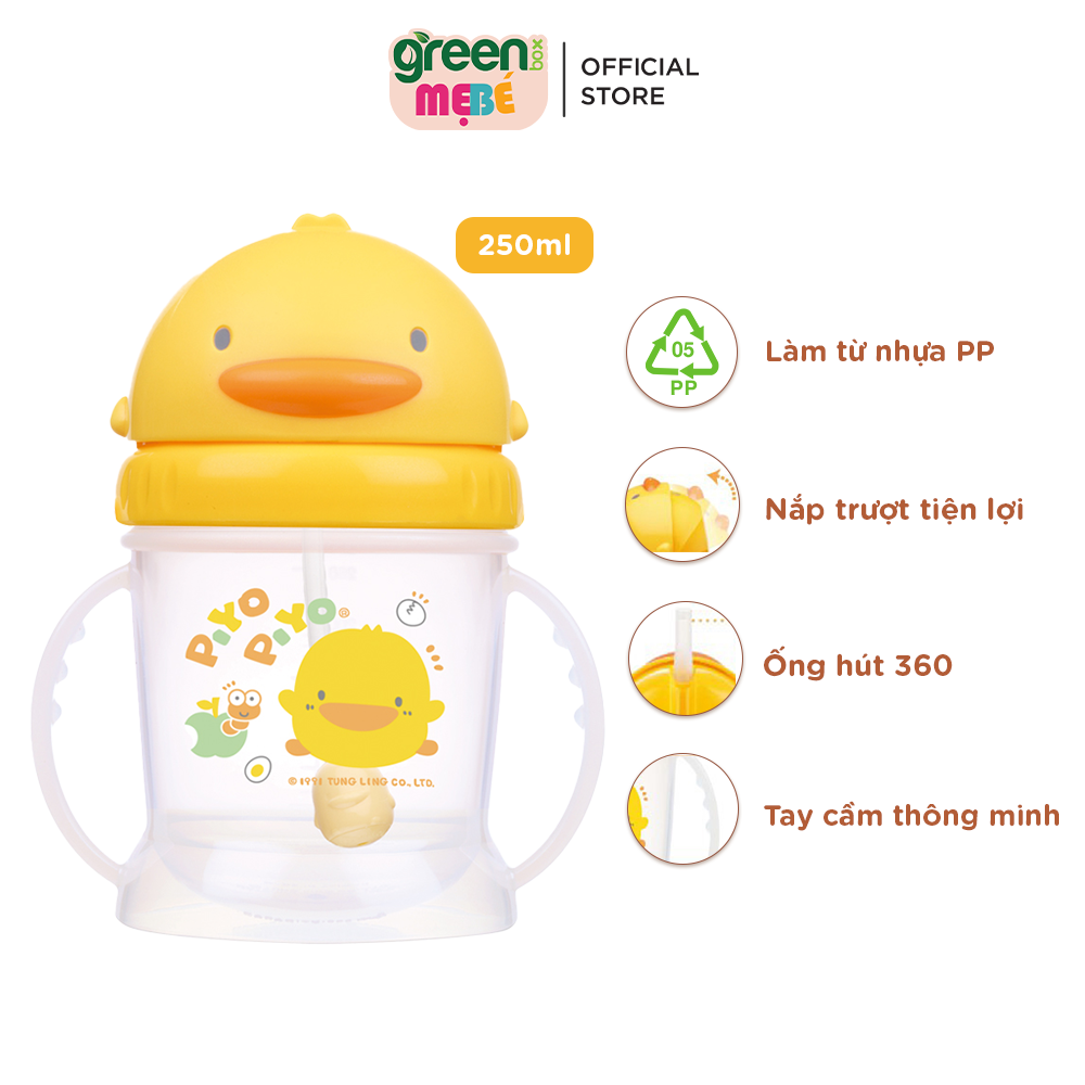 Bình tập uống Piyo Piyo 250ml hai tay cầm cho bé, nắp trượt mở dễ, ống hút 360 độ ngăn tràn