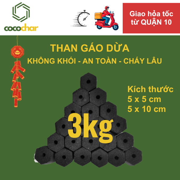 3kg - Than nướng BBQ không khói/ than gáo dừa không khói Cocochar, than gáo dừa