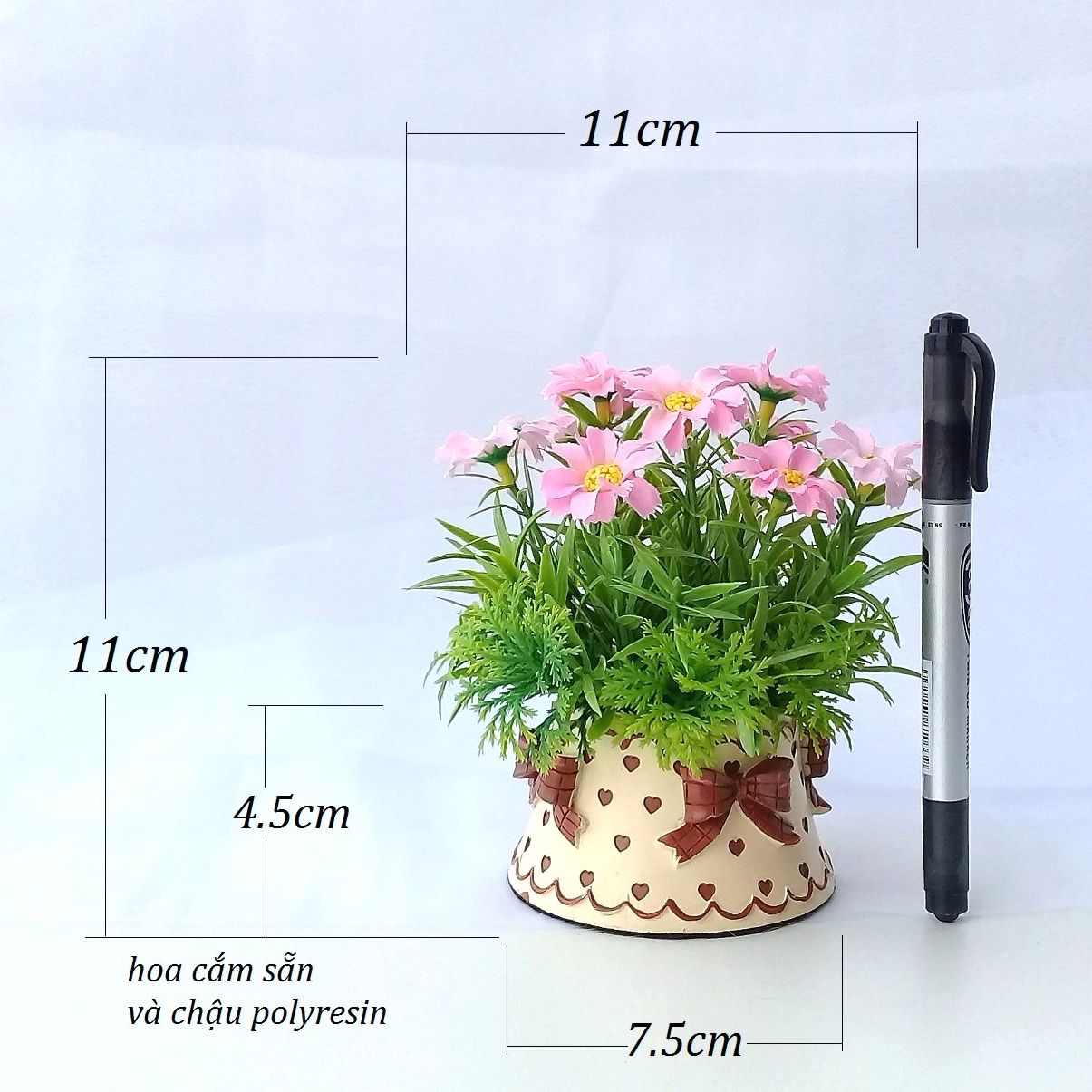 Chậu hoa giả mini - hoa cúc hồng nhỏ - hoa giả trang trí nhỏ