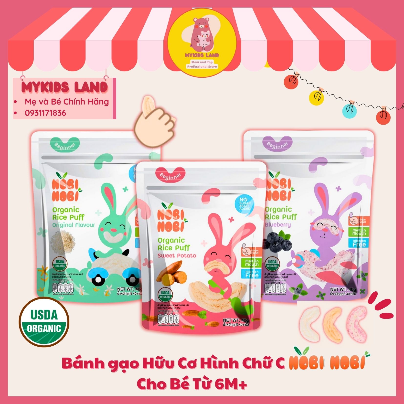 Snack Bánh Gạo Ăn Dặm Hữu Cơ NOBI NOBI Hình Chữ C Túi 40g Cho Bé Từ 6M+