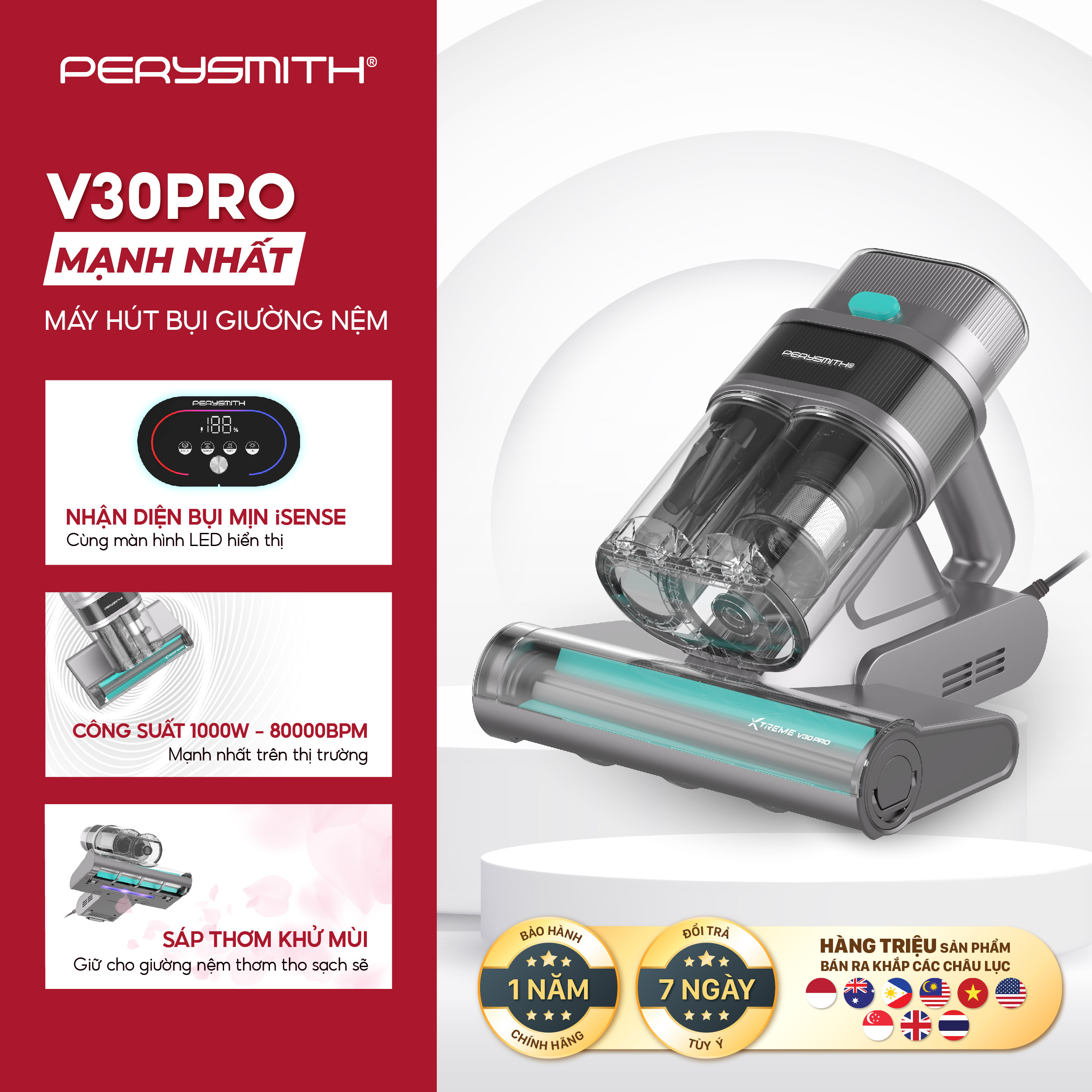 PerySmith V30Pro Máy Hút Bụi Giường Nệm Có Dây Hút Bụi Mịn Với Sóng Siêu Âm Và Đèn UV Diệt Khuẩn Lực Hút 21000PA