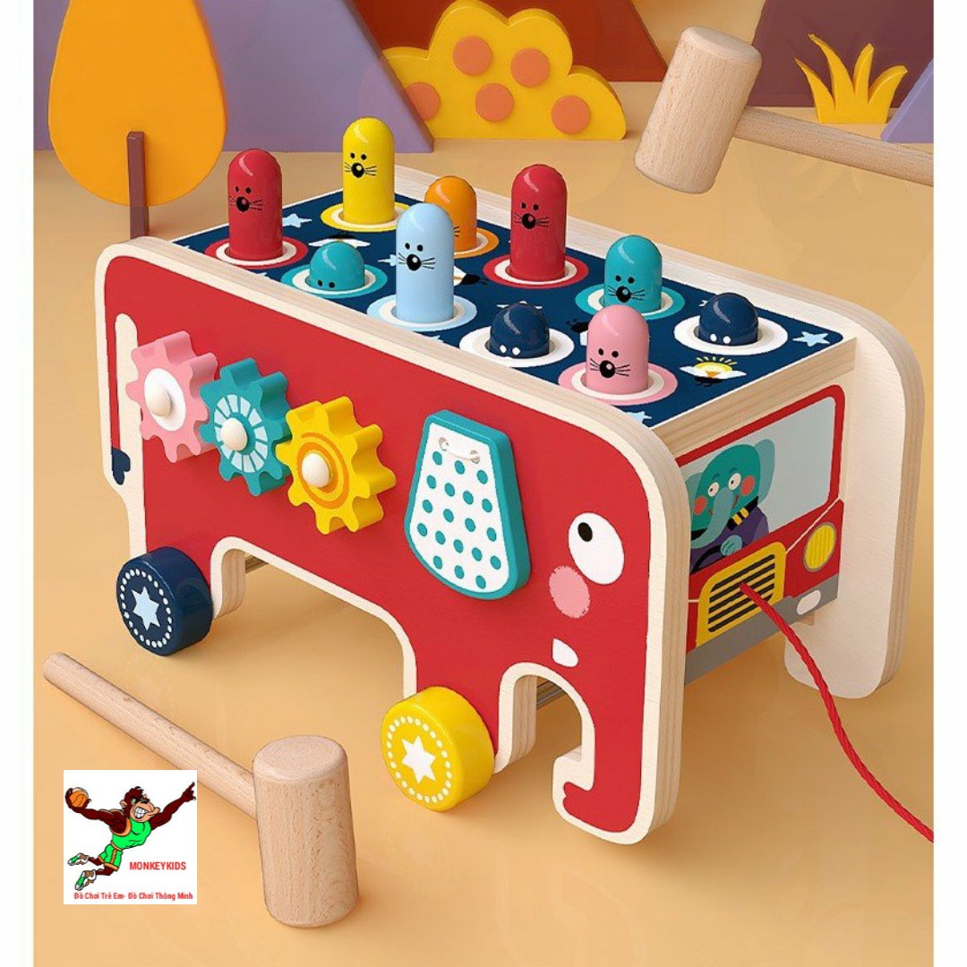 Đồ chơi gỗ đập chuột hình con voi kèm đàn, kèm bánh răng xoay 3 in 1 cho bé phát triển trí tuệ monkeykids