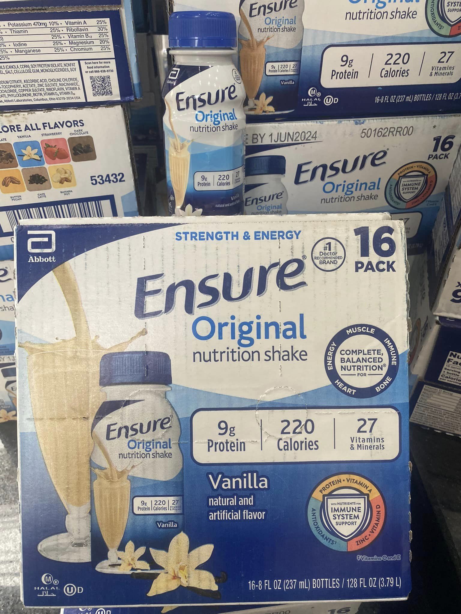 [Date 2024 ] Thùng 16 chai Sữa nước dinh dưỡng Ensure Original hương vị Vanilla và Dâu nhập khẩu từ Mỹ