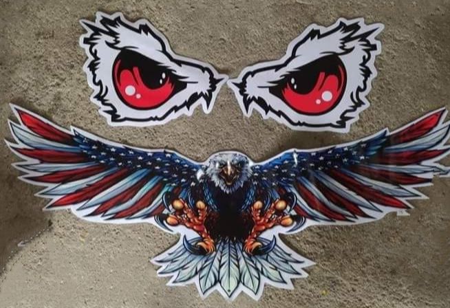 Tem decal Đại bàng Mỹ, tem mắt cú dán trang trí xe tải, Tem dán xe tải, xe ben Hoamai, Chiến Thắng, Cửu Long...