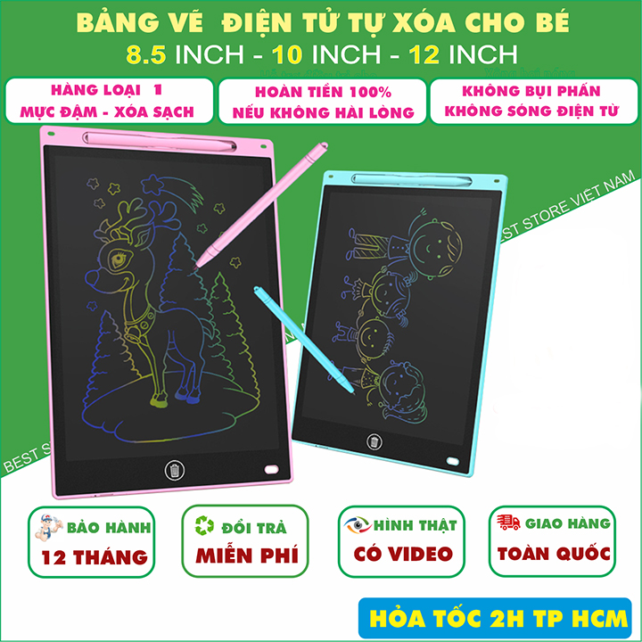 Bảng vẽ điện tử, bảng viết tự xóa thông minh màn hình LCD cho bé tập vẽ, tập viết - An toàn không bụi phấn - Bảo hành 12 tháng