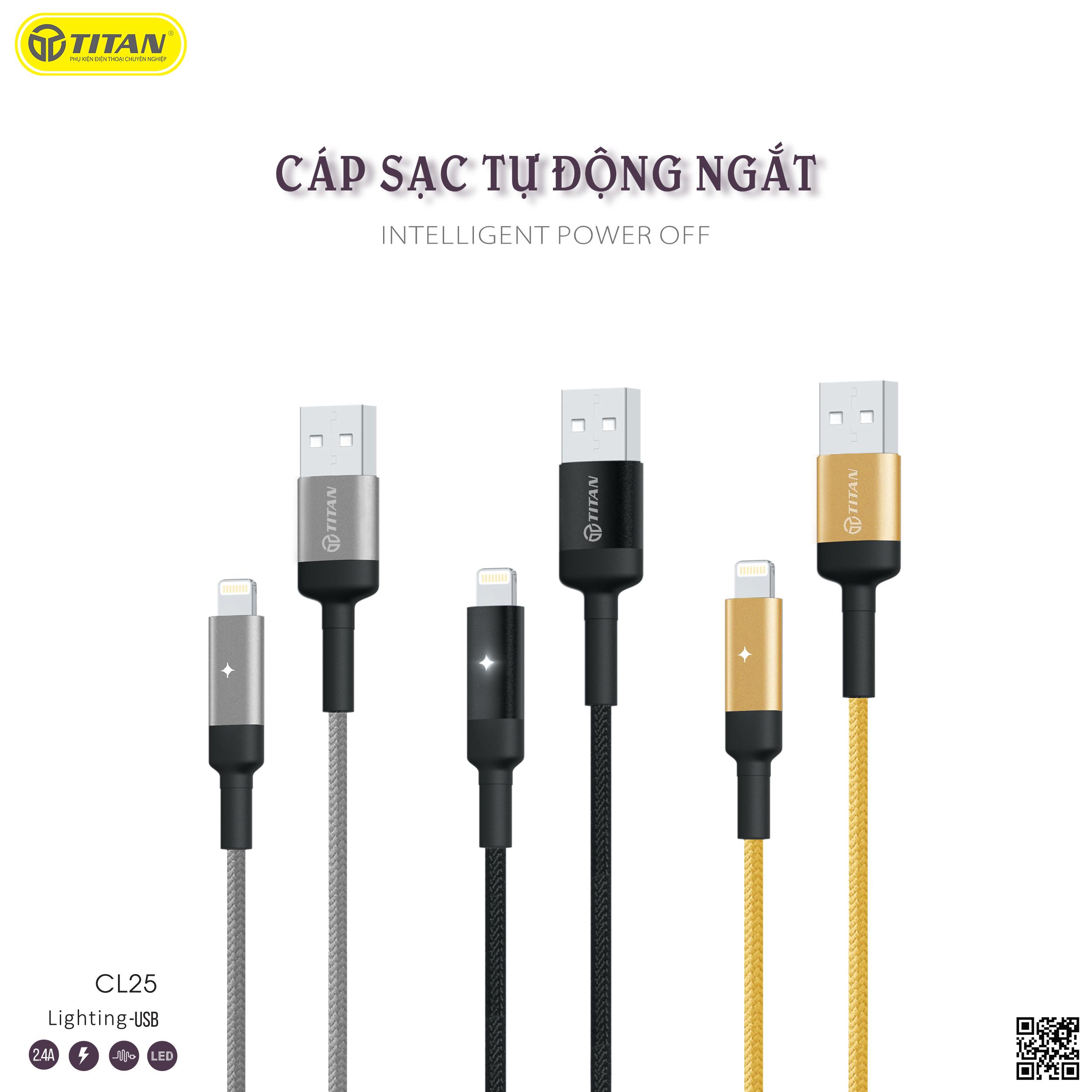 Cáp sạc dây dù tự ngắt 2m chân lightning titan cl25 bền chống đứt ip 6 7 8 x xs max 11 12 pro xr 5 air