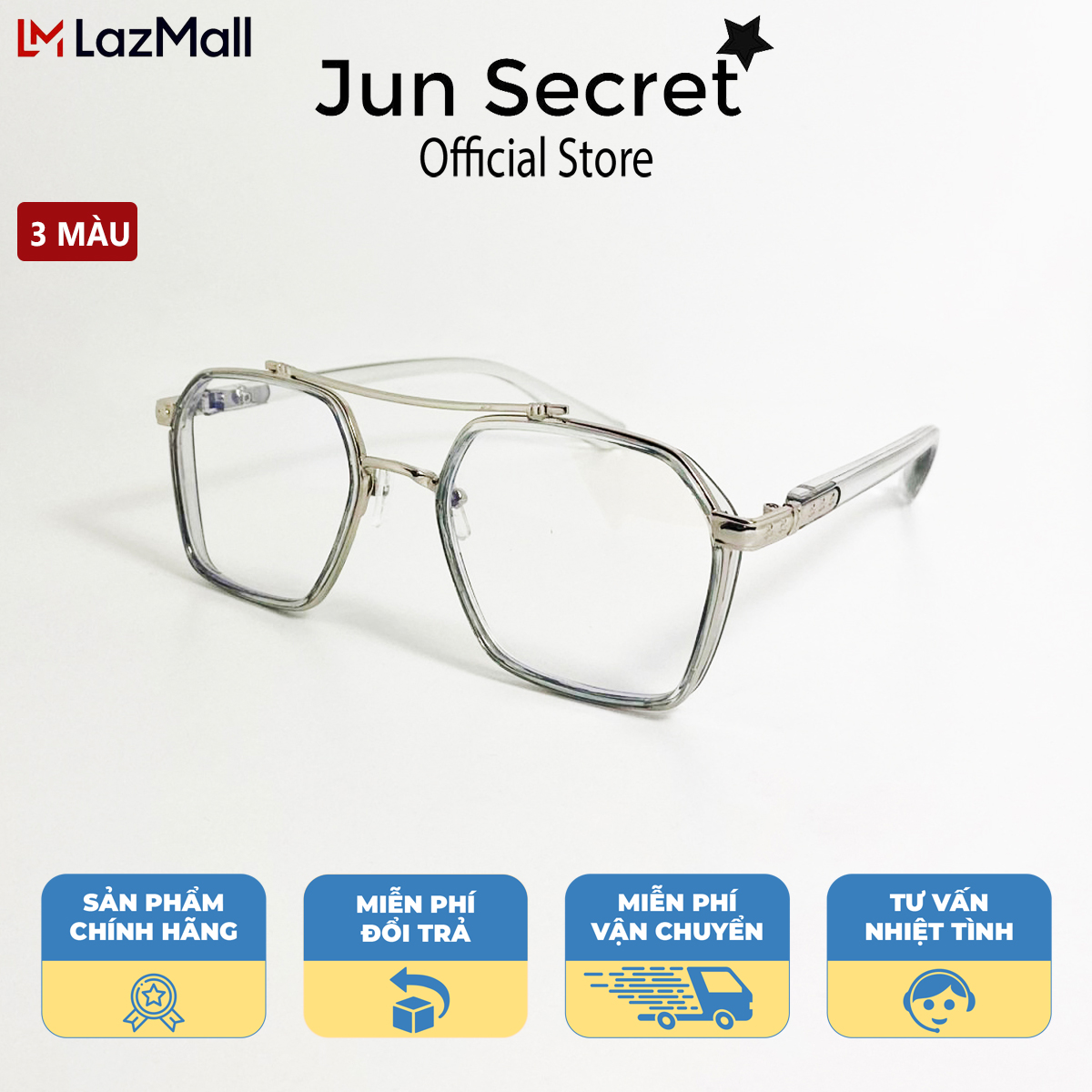 Mắt kính giả cận thời trang Jun Secret gọng nhựa kiểu dáng hình lục giác, tròng kính chông tia UV dành cho nam và nữ JS6029