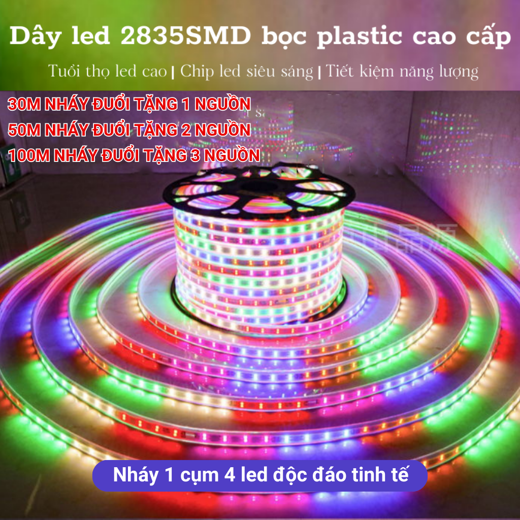 50MDây đèn led nháy đuổi đèn led trang trí chip 2835SMD 1 hàng bọc plastic cao cấp chống nước,tặng đầu nối nguồn, 1m có 48 chiếc led, dây đèn trang trí tết 2024,noel,cây thông noel,cây đào cây quất, cây mai,  cây cổ thụ, cổng nhà