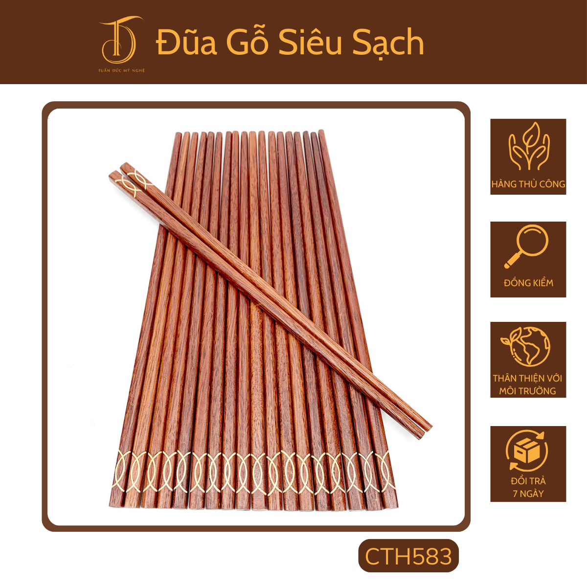 Đũa hahanco gỗ hương khảm hoa văn tự nhiên - set 10 đôi
