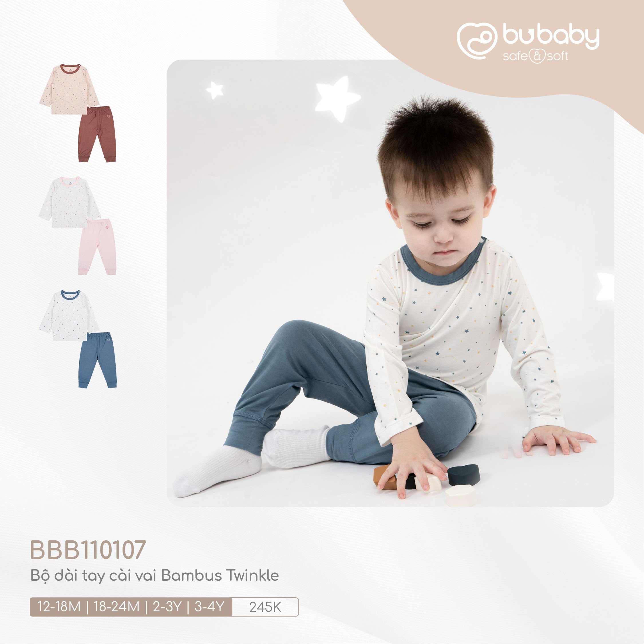 Bộ dài tay cài vai quần dài sợi tre trẻ em Twinkle - Bambus BBB110107 Bu