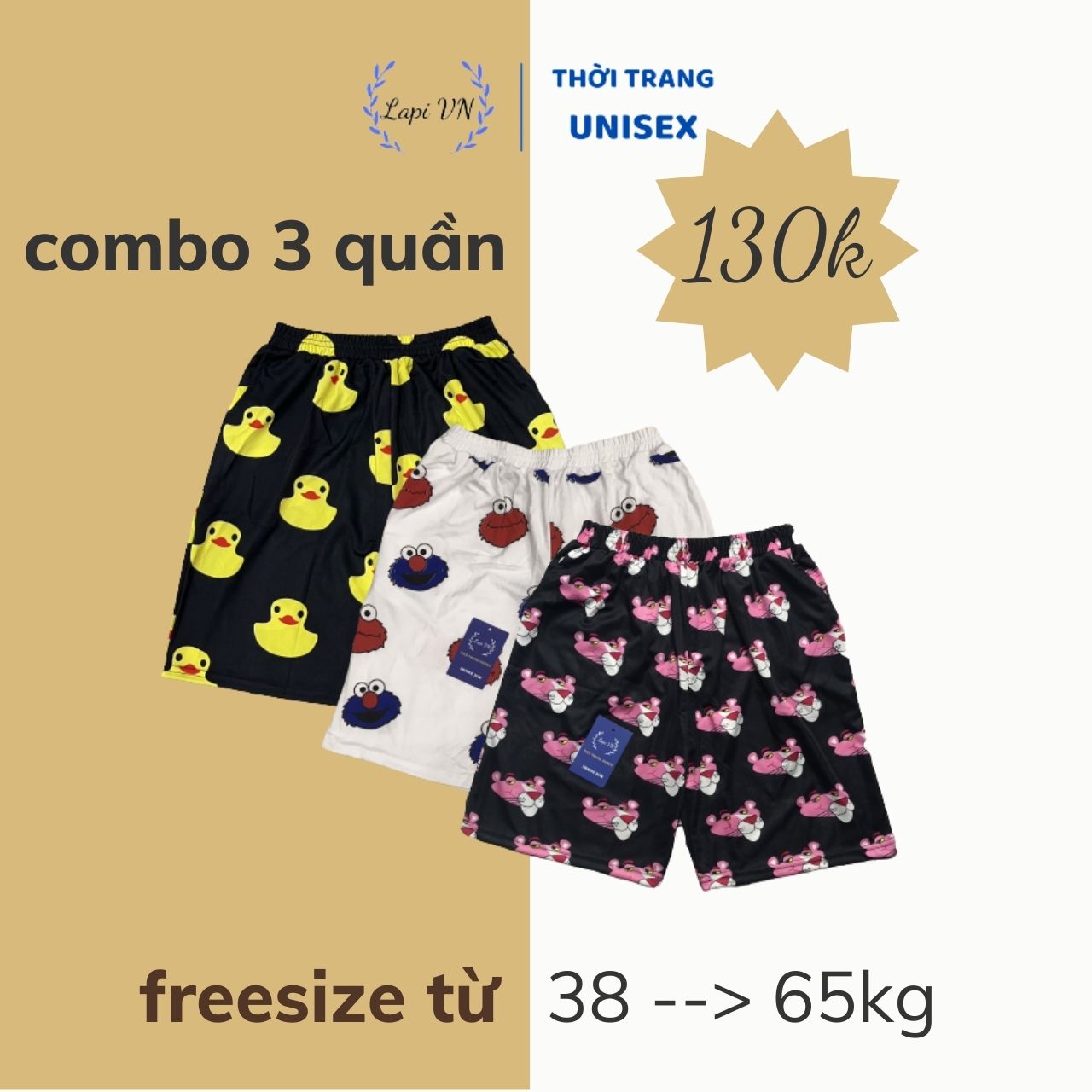 COMBO 3 Quần Short Hoạt Hình  -Lapi VN ,FREESIZE đến 65kg, Nam Nữ Đều Mặc Được