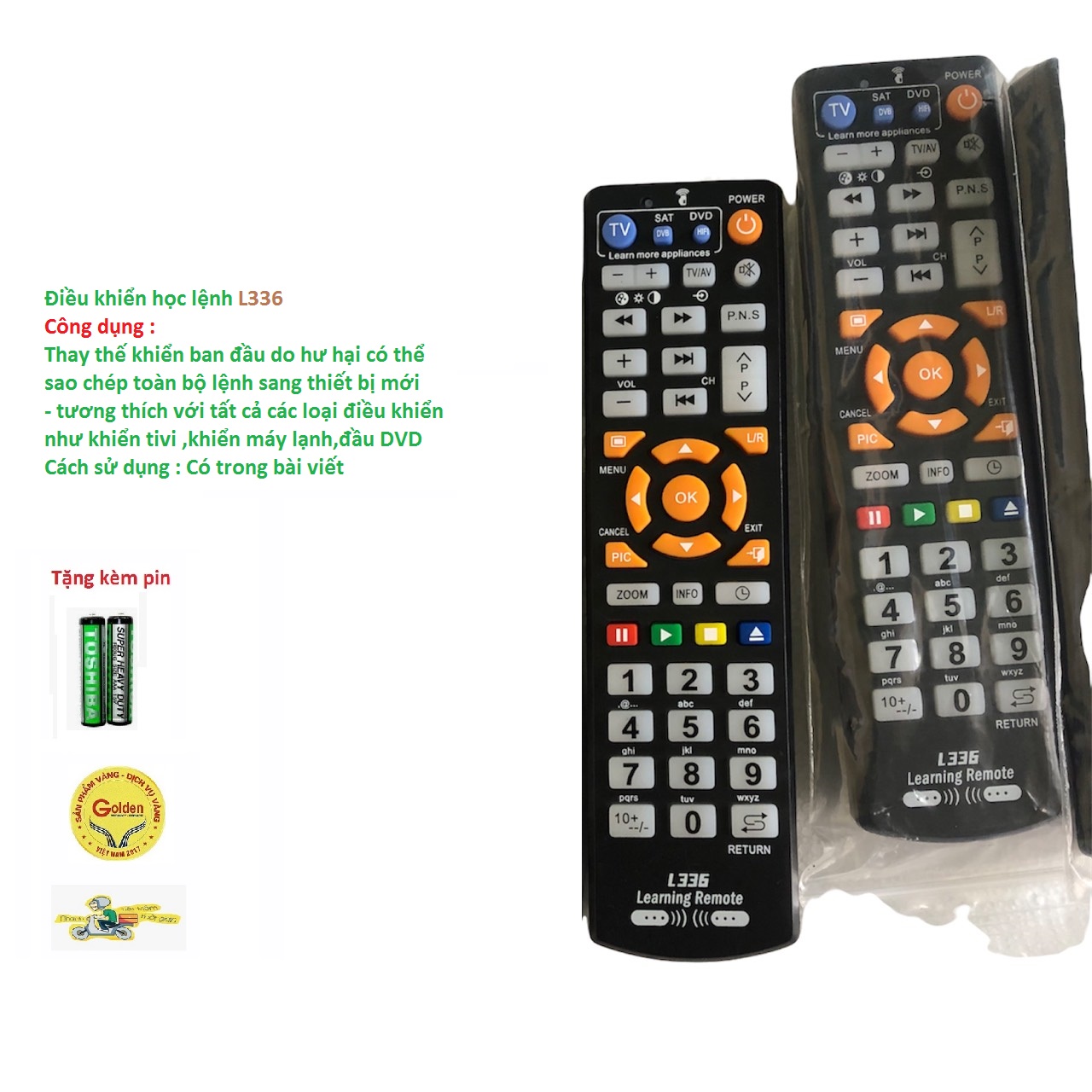 Điều khiển học lệnh L336 có thể học lênh và sao chép được tất cả các loại điều khiển hiện nay có hướng dẫn sao chép và học lệnh ở tờ giấy đi kèm - tặng kèm pin - Remote học lệnh L336 - Đầu bấm sao chép lệnh L336