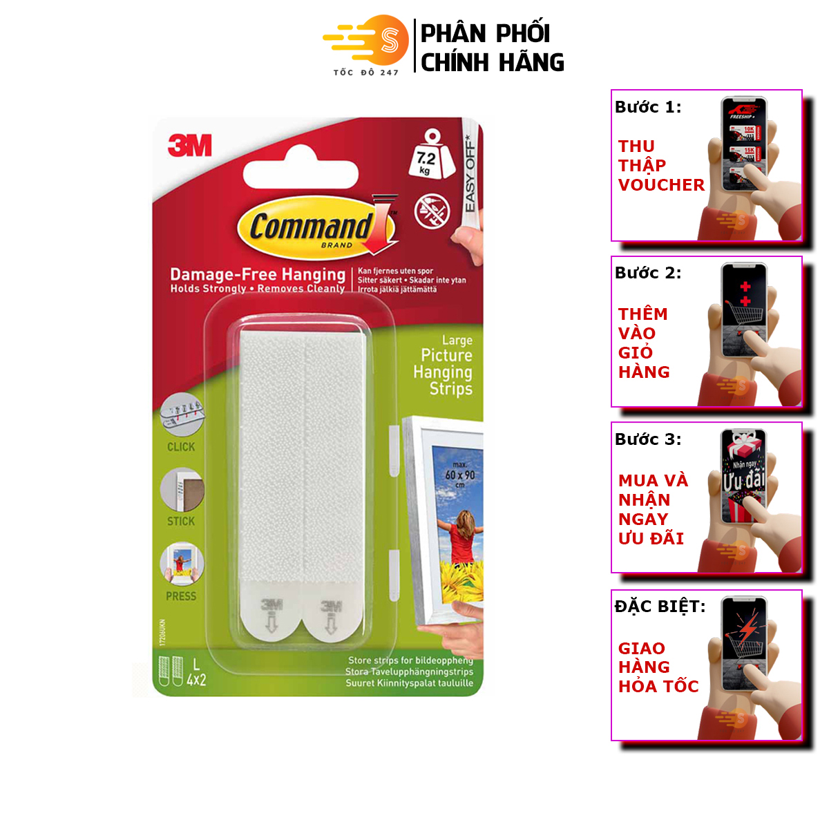 Bộ 4 miếng móc treo tranh cường lực siêu dính 7.2kg Command 3M 17206