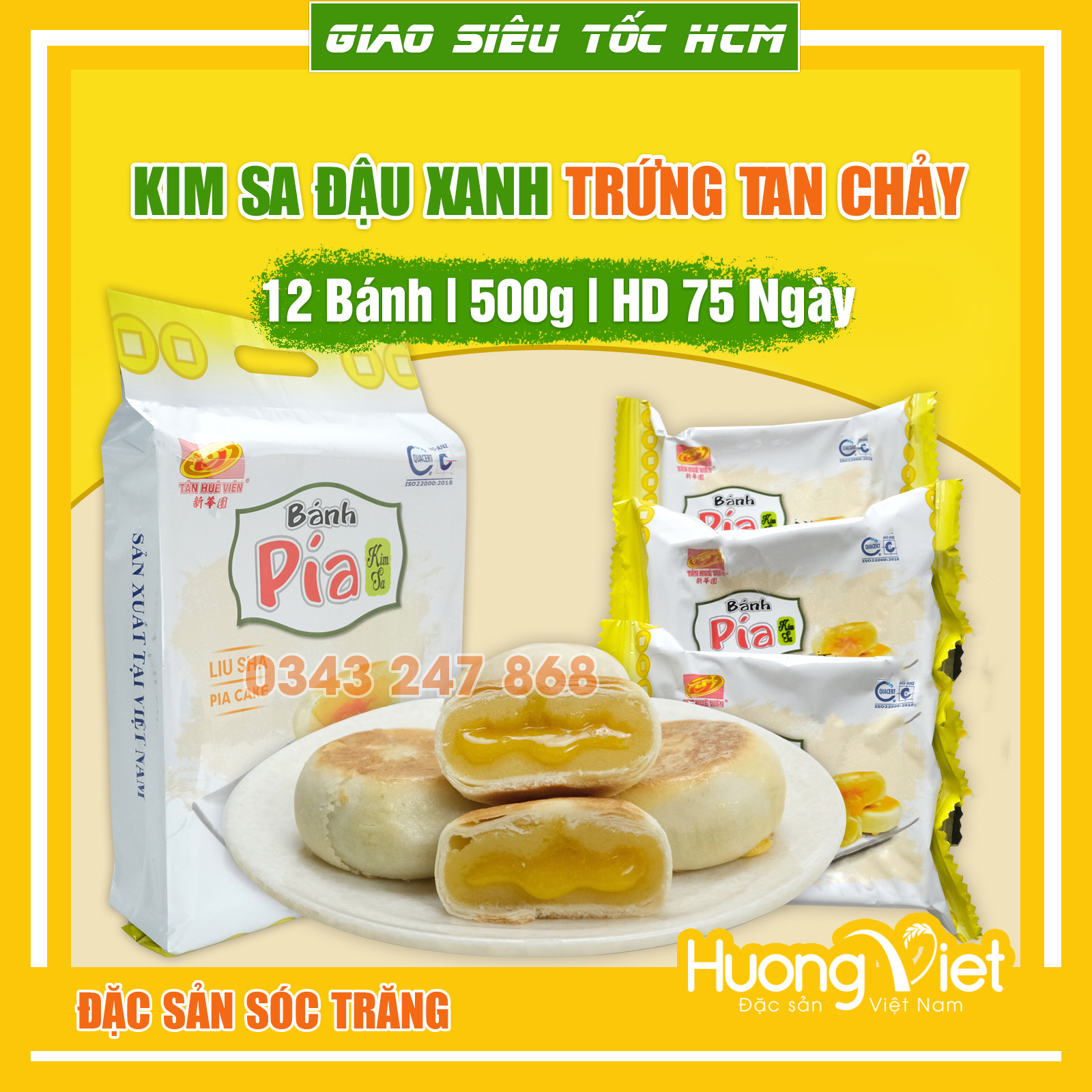 Bánh pía kim sa đậu xanh Tân Huê Viên 12 bánh bánh pía trứng muối tan chảy đặc sản Sóc Trăng