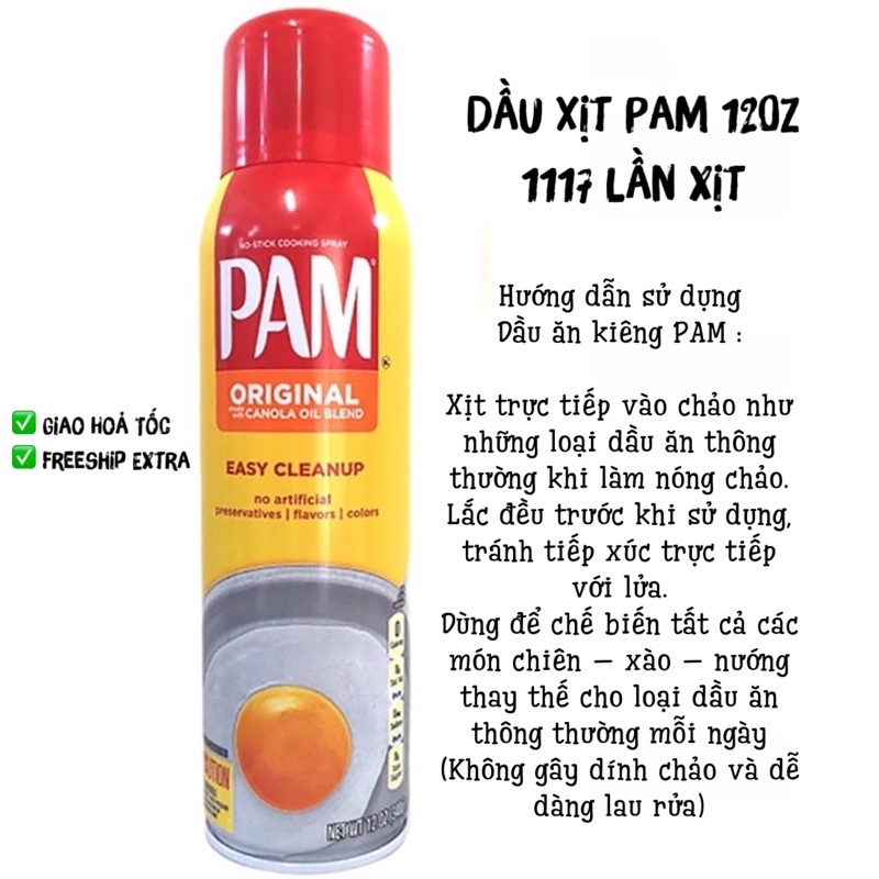 HOT SALE Dầu xịt PAM 0calo 12oz - 1117 lần xịt ( Eatclean Keto…)