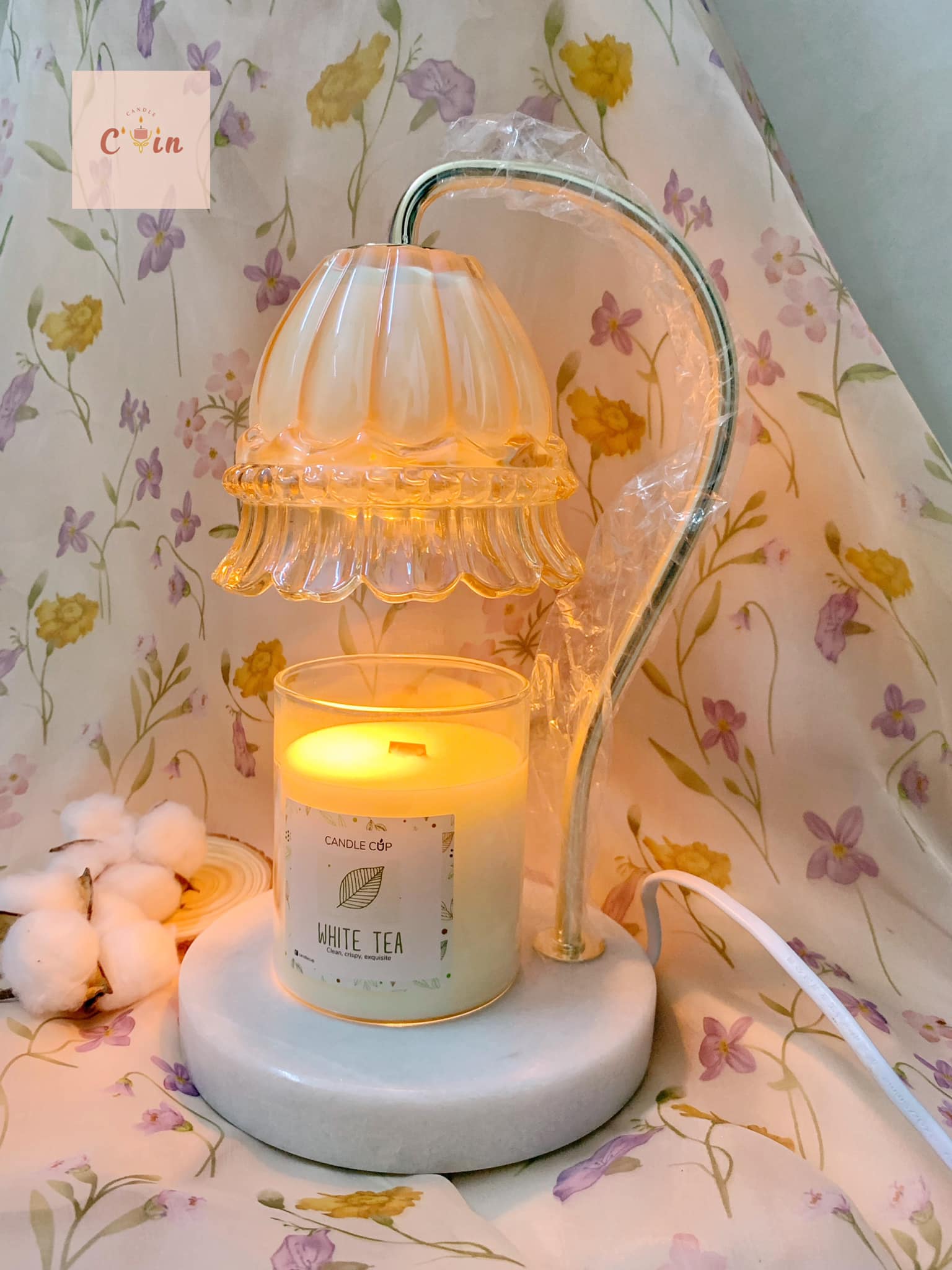 Đèn đốt nến thơm bông hoa tulip pha lê đế đá sang trọng - điều chỉnh độ sáng, đốt nến bbw yankee, phong cách lãng mạn