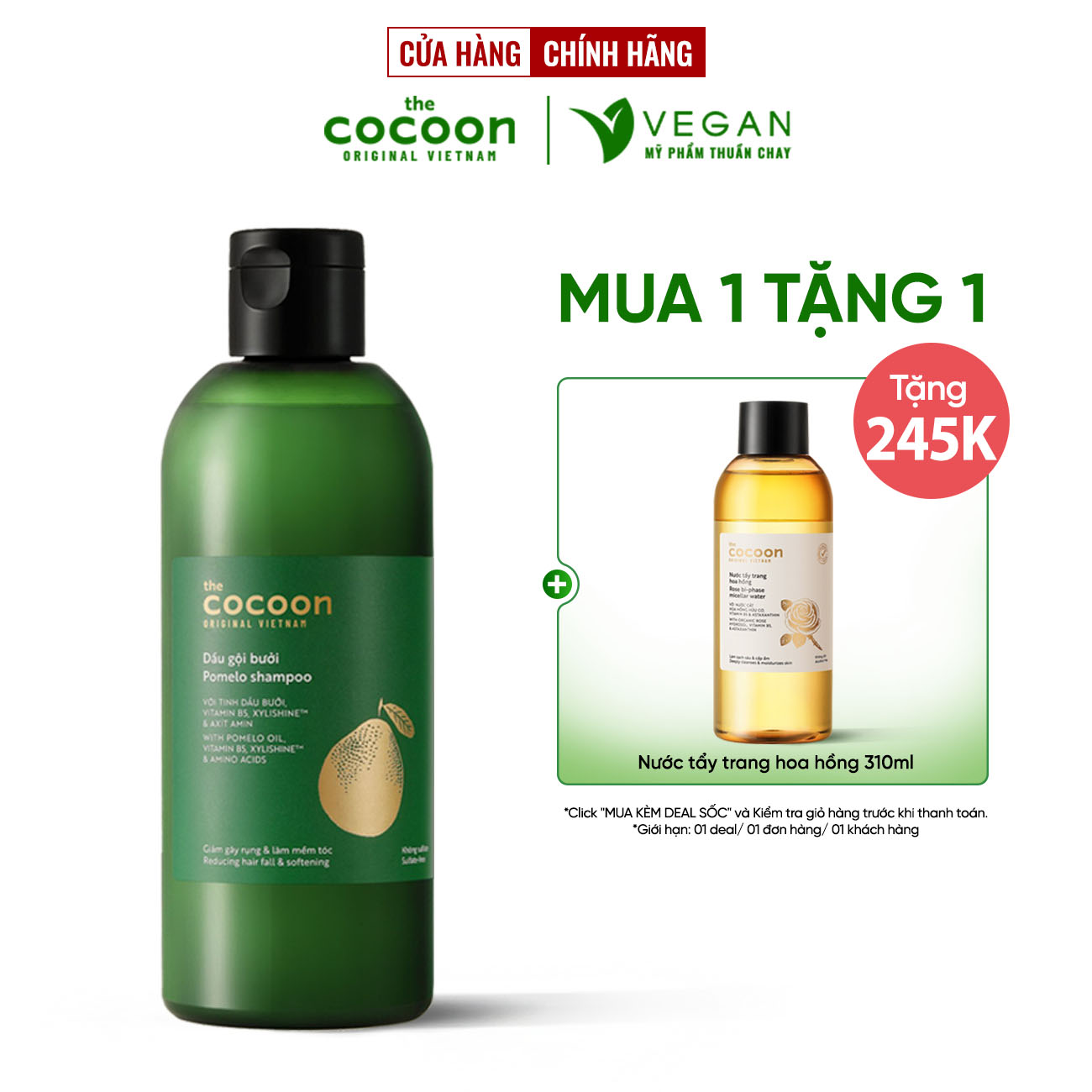 Dầu gội bưởi Pomelo Cocoon Vietnam 310ml thuần chay - Dầu gội bưởi kích thích mọc tóc, giảm rụng tóc - VEGAN Mỹ phẩm thuần chay