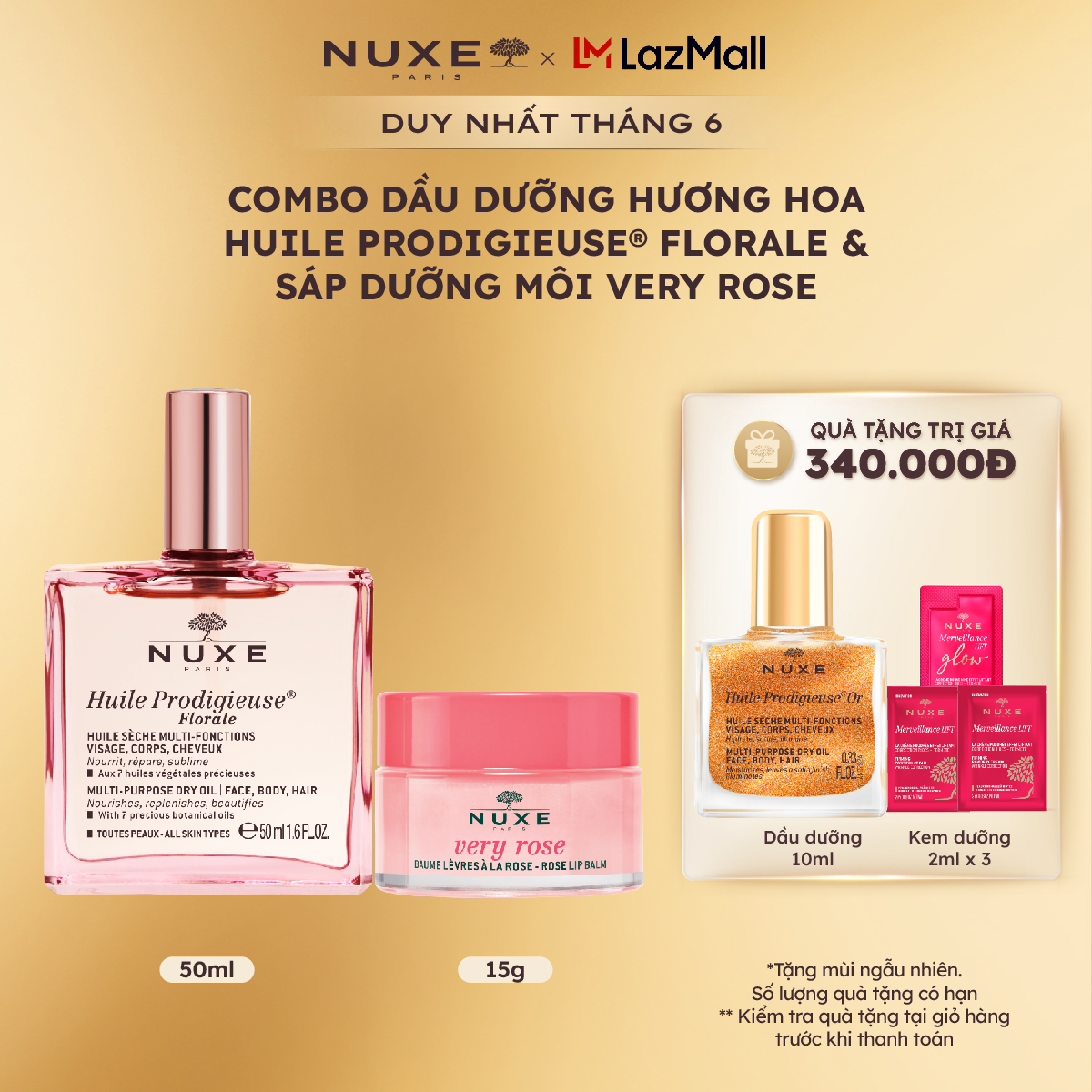 Combo Dầu dưỡng khô đa năng Hương Hoa Huile Prodigieuse Florale Multi-purpose 50ml  Sáp dưỡng môi dạng hũ Nuxe Very Rose 15g