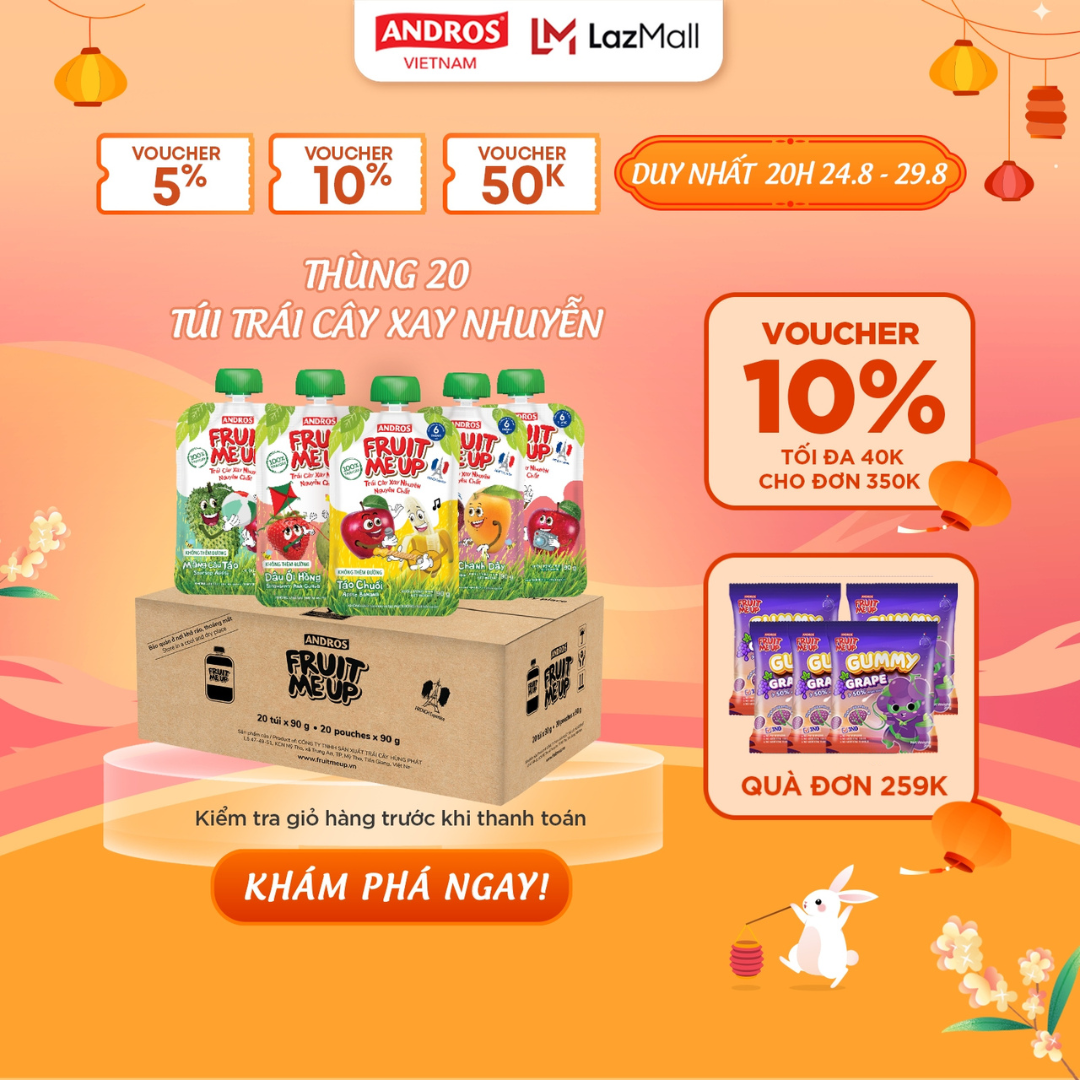 Thùng 20 túi trái cây xay nhuyễn nguyên chất - 100% trái cây thật - andros fruit me up - 90gx20