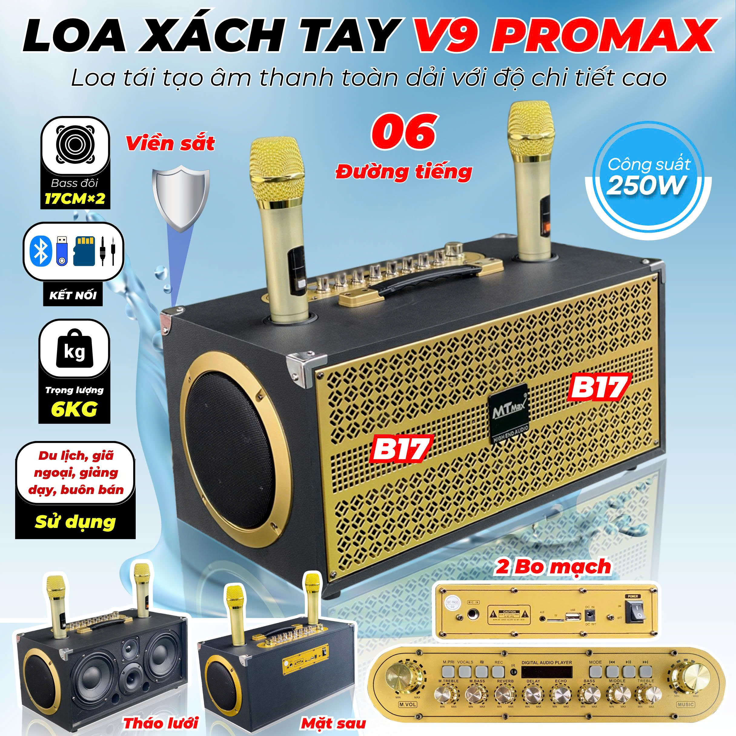  Loa xách tay V9 PROMAX 6 đường tiếng công suất 200W bass đôi 17cm chỉnh Bass Treble Echo Reverb kết nối Bluetooth USB TF AUX 6LY micro pin AA lưới sắt chắc chắn thiết kế nhỏ gọn âm thanh mạnh phù hợp karaoke ngoài trời 