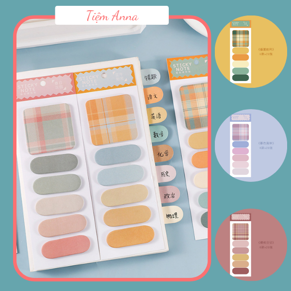 Giấy nhớ sticky note memo pad đánh dấu bookmark màu trơn caro xinh xắn tiện dụng