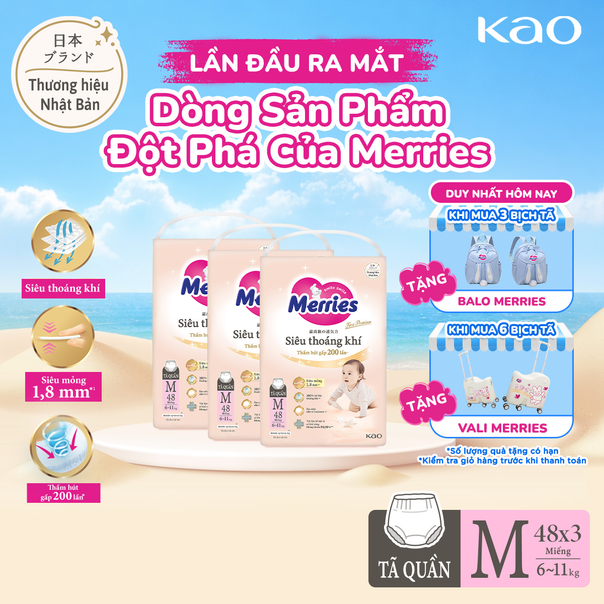Combo 3 Tã Quần Merries Siêu Thoáng Khí Đủ Size M48/L40/XL34/XXL24