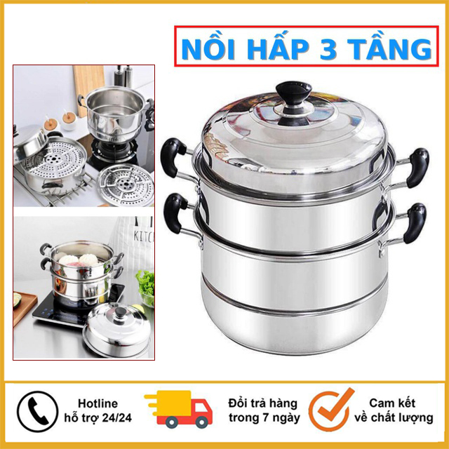 Nồi hấp 3 tầng đường kính 28cm dùng trên mọi loại bếp, Nồi Hấp kiêm nồi luộc gà Inox 3 Tầng - sz 28cm