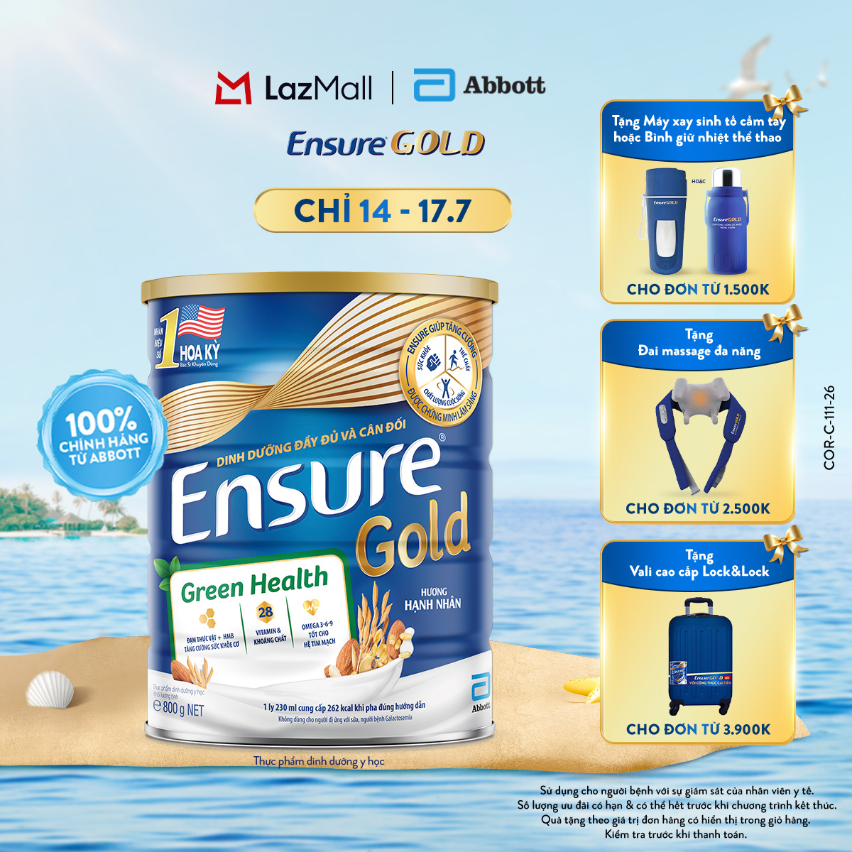 [CHỈ 14.7 - 17.7 QUÀ TẶNG CHO ĐH 1500K/2500K-SLCH] Lon sữa bột Ensure Gold Green Health 800g
