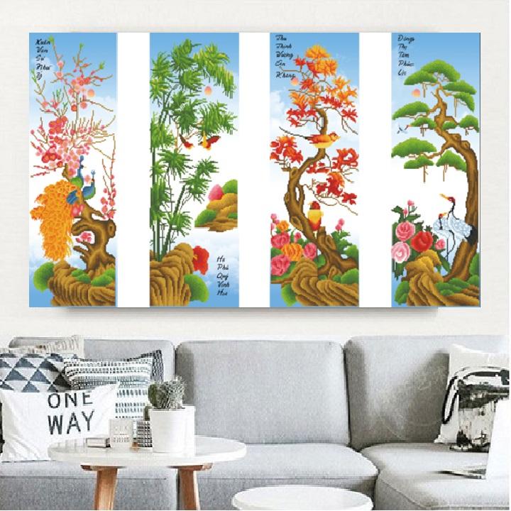 Tranh thêu chữ thập Tứ quý Xuân hạ thu đông KT 134*78cm