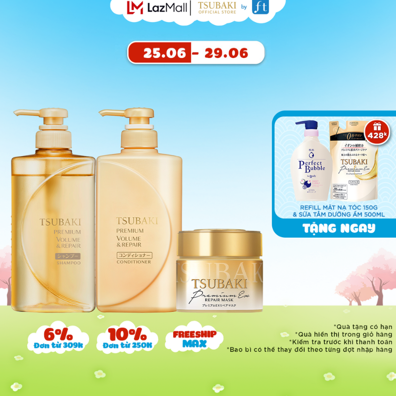 Bộ sản phẩm Gội xả Phục hồi ngăn rụng tóc & Mặt nạ tóc cao cấp Tsubaki Premium Repair & Premium Repair Mask
