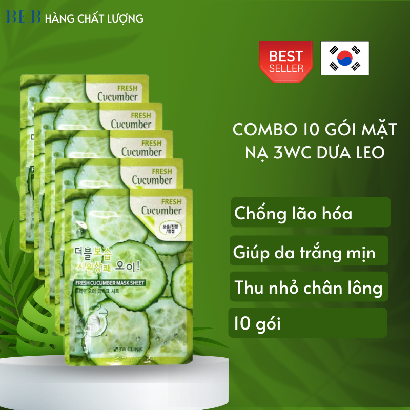 Bộ 10 gói mặt nạ đưỡng ẩm dưỡng trắng từ dưa leo 3WC hàn Quốc