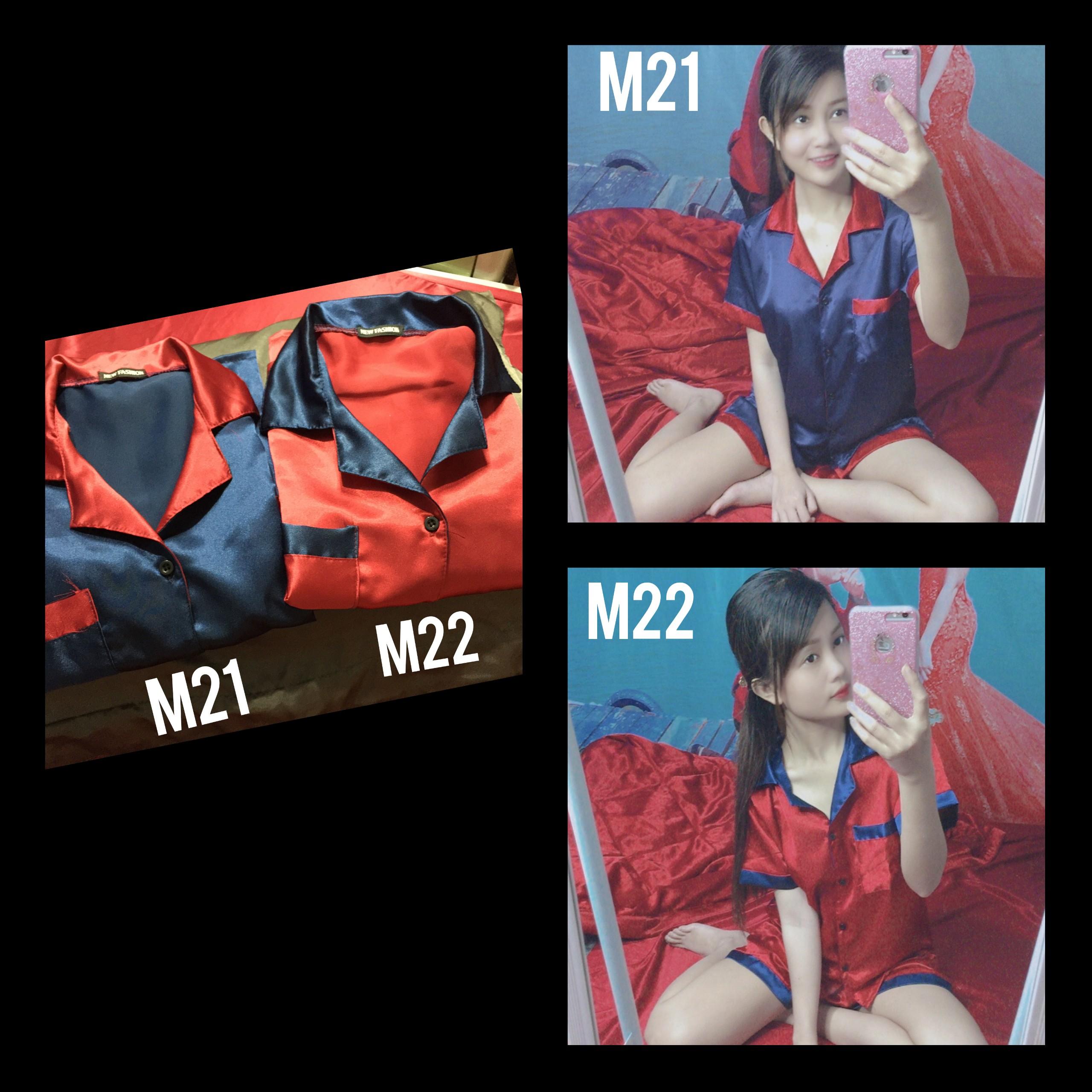 Bộ pijama lụa bóng ngắn phối màu đơn giản sang trọng