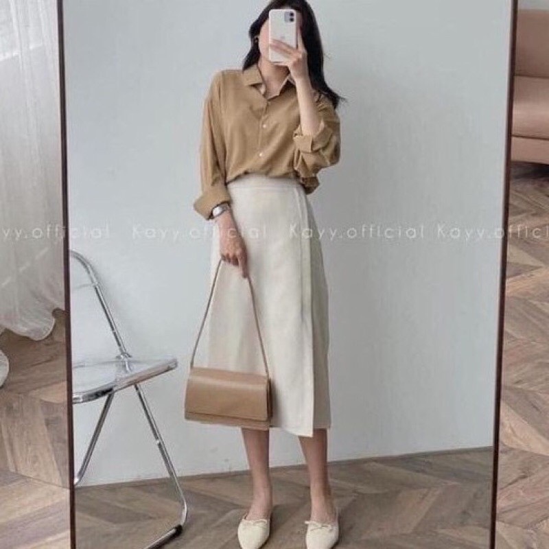 Freeship Set áo sơ mi - chân váy xẻ vải đũi có bán rời