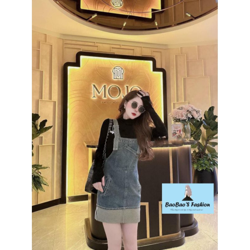 Đầm yếm jean bò dáng ngắn phối 2 màu trẻ trung