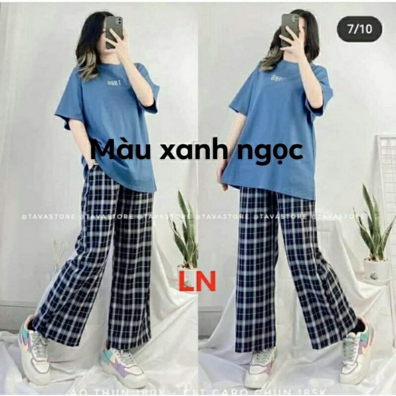 Sét áo 1986+quần ống rộng kẻ ln11
