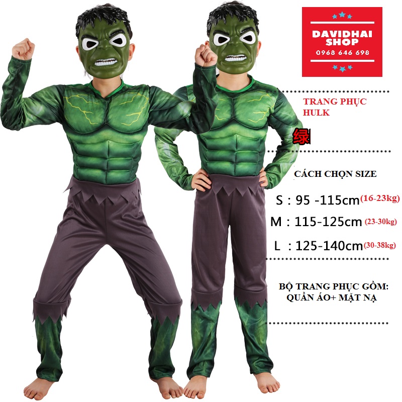 Quần áo hóa trang Hulk khổng lồ xanh Trẻ Em Kèm Mặt Nạ