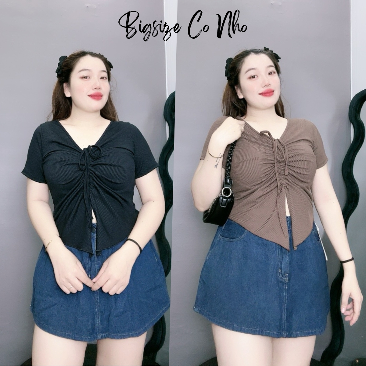 Áo thun croptop bigsize nữ tà nhọn cổ rút dây ở giữa tôn vòng một Áo phông phom rộng chất gân tăm BIGSIZE CÔ NHỎ - G42