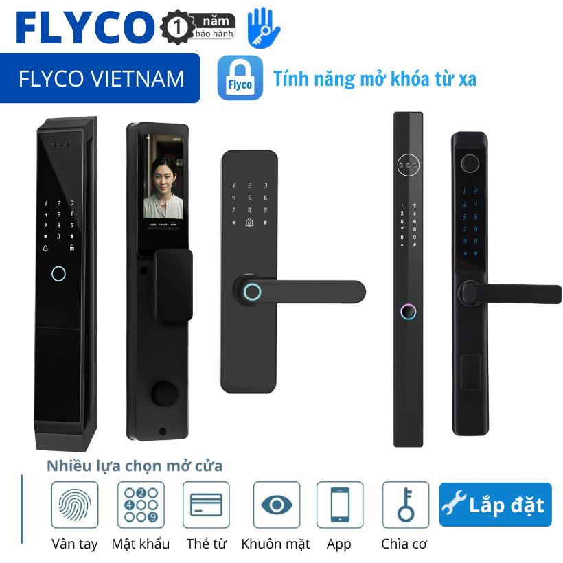 [2025] Khóa thông minh Flyco dành cho Chung Cư Căn Hộ, Gỗ, Composite, Thép Vân Gỗ, Nhôm Xingfa cửa đẩy, lùa kéo, App TTLock - Bảo hành 1 năm - Face ID Mở Khóa Khuôn Mặt