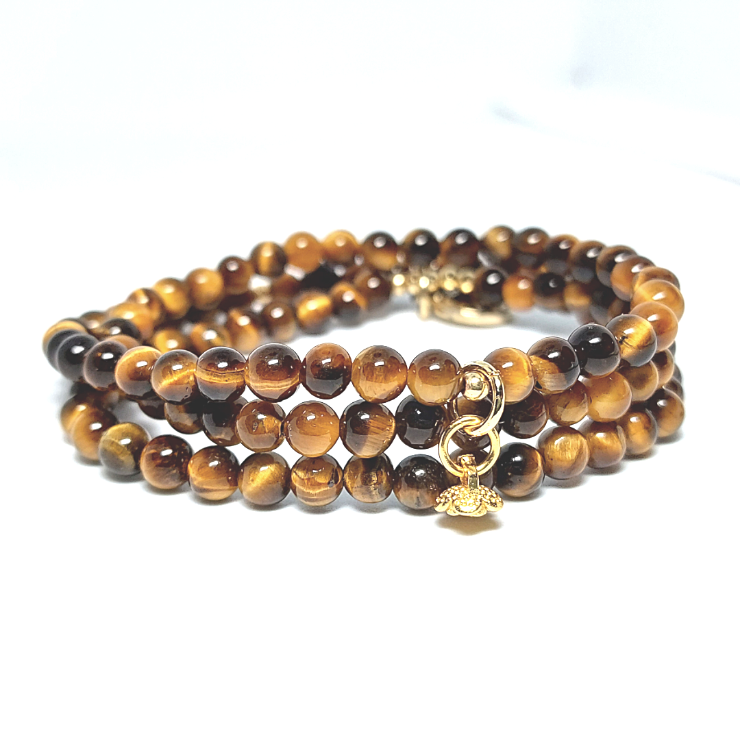 Vòng tay mắt hổ vàng nâu mini size 4 li mix charm hoa hồng và đồng tiền nữ hoàng | hoa minh gem