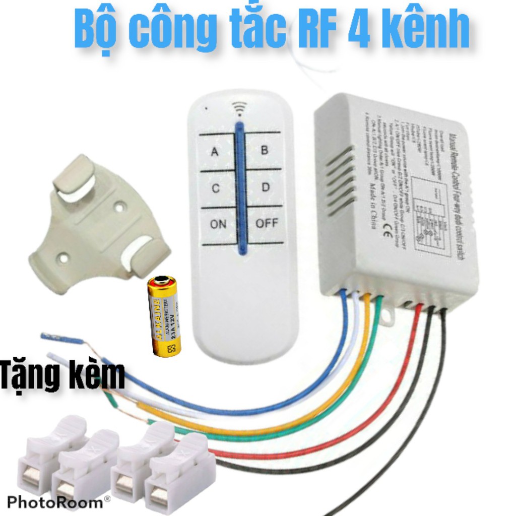 Công tắc điều khiển từ xa không dây 4 kênh 800W sóng RF 315Mhz xuyên tường RF 4 cổng tặng thêm cút nối dây điện