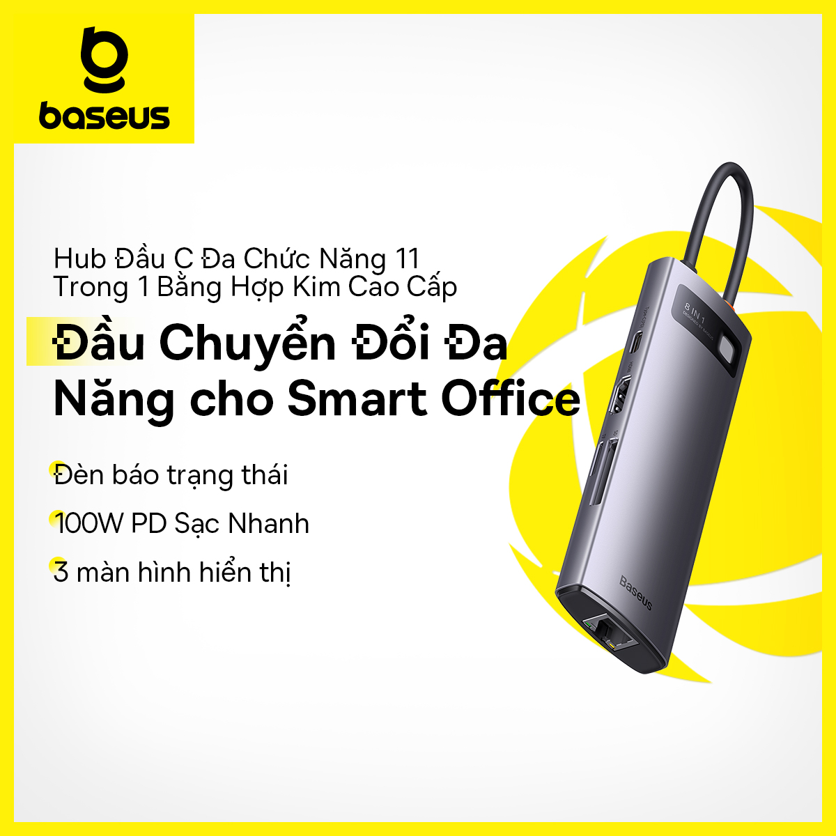 Chia Cổng Baseus 8 in 1 USB C Hub Type C sang Cổng Ethernet 4K HDMI PD 100W cho Dell USB 3.0 Xiaomi Samsung