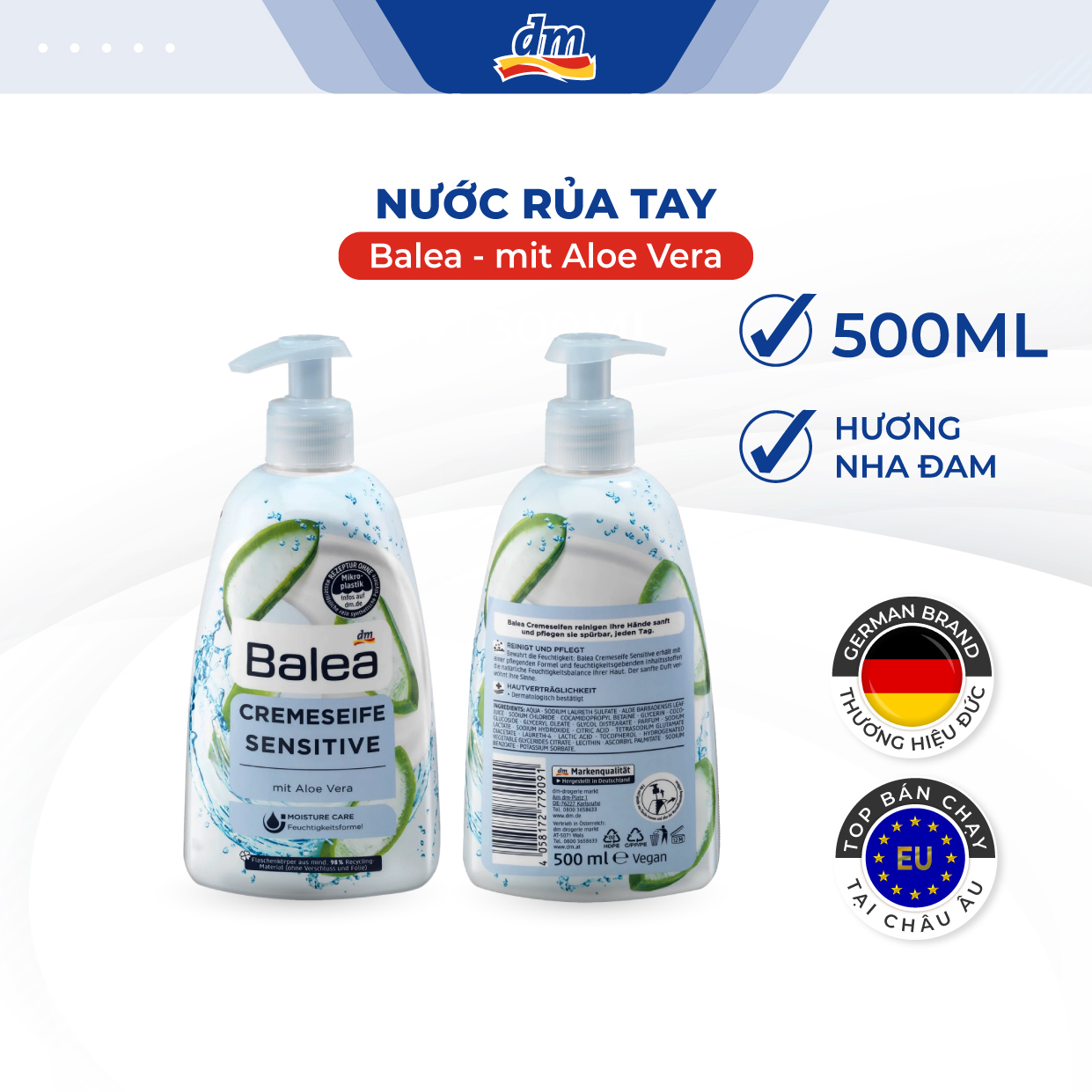 Nước rửa tay Balea hương dừa và hoa sen, dưỡng ẩm da, chai dung tích 500ml