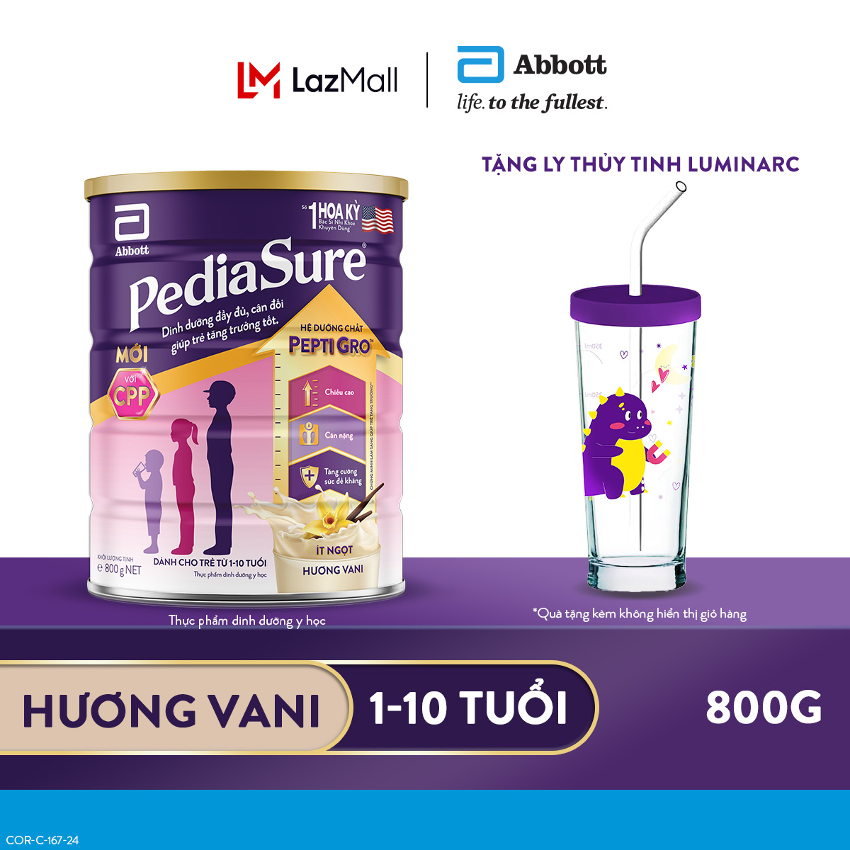 Lon sữa bột Pediasure hương vani ít ngọt 800g tặng 1 ly thủy tinh luminarc/Hộp đựng thức ăn Pediasure (Quà tặng thay đổi theo từng đợt nhập hàng)