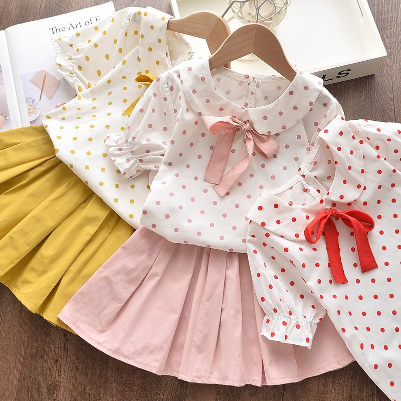 S003 - Bộ chấm bi áo + chân váy cho bé gái vải voan + thô cao cấp